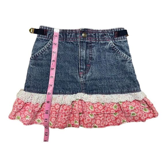 Vintage Lee Girls Size 6 Adjustable Waist Denim Jean Skirt Ruffle Flowers Lace - Picture 4 of 7